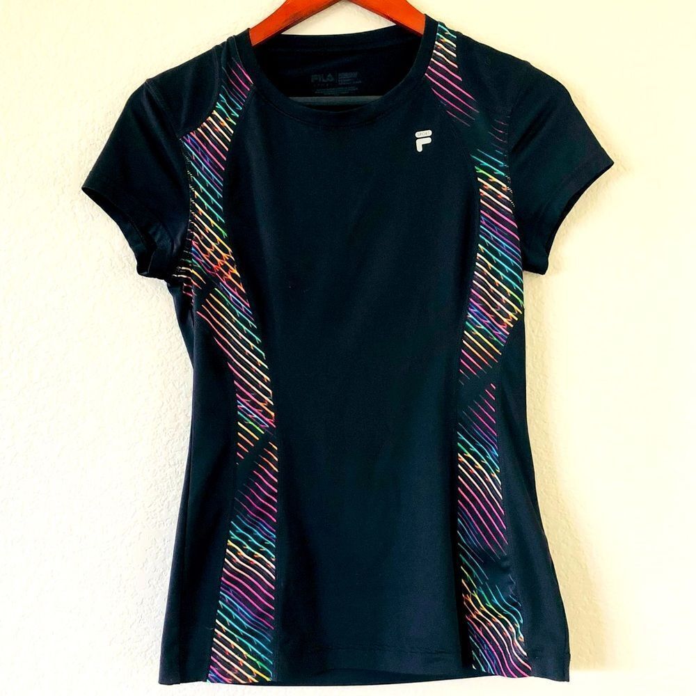 Fila Black Rainbow Accent Fitted Active Short Sleeve Workout Top XS